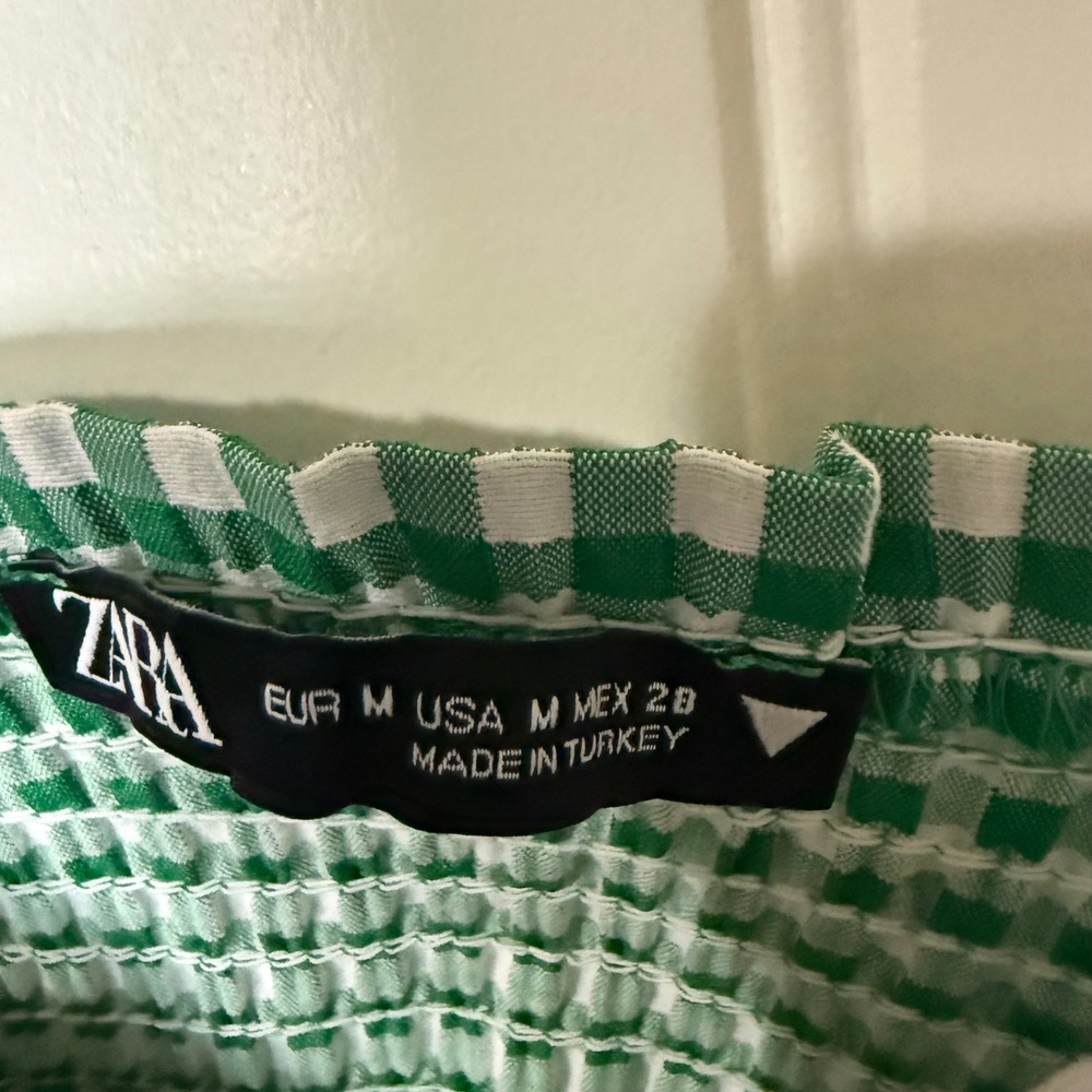 Zara Green White Gingham Smocked Crop Top Camisole Square Neck Spaghetti Strap M - Picture 3 of 8
